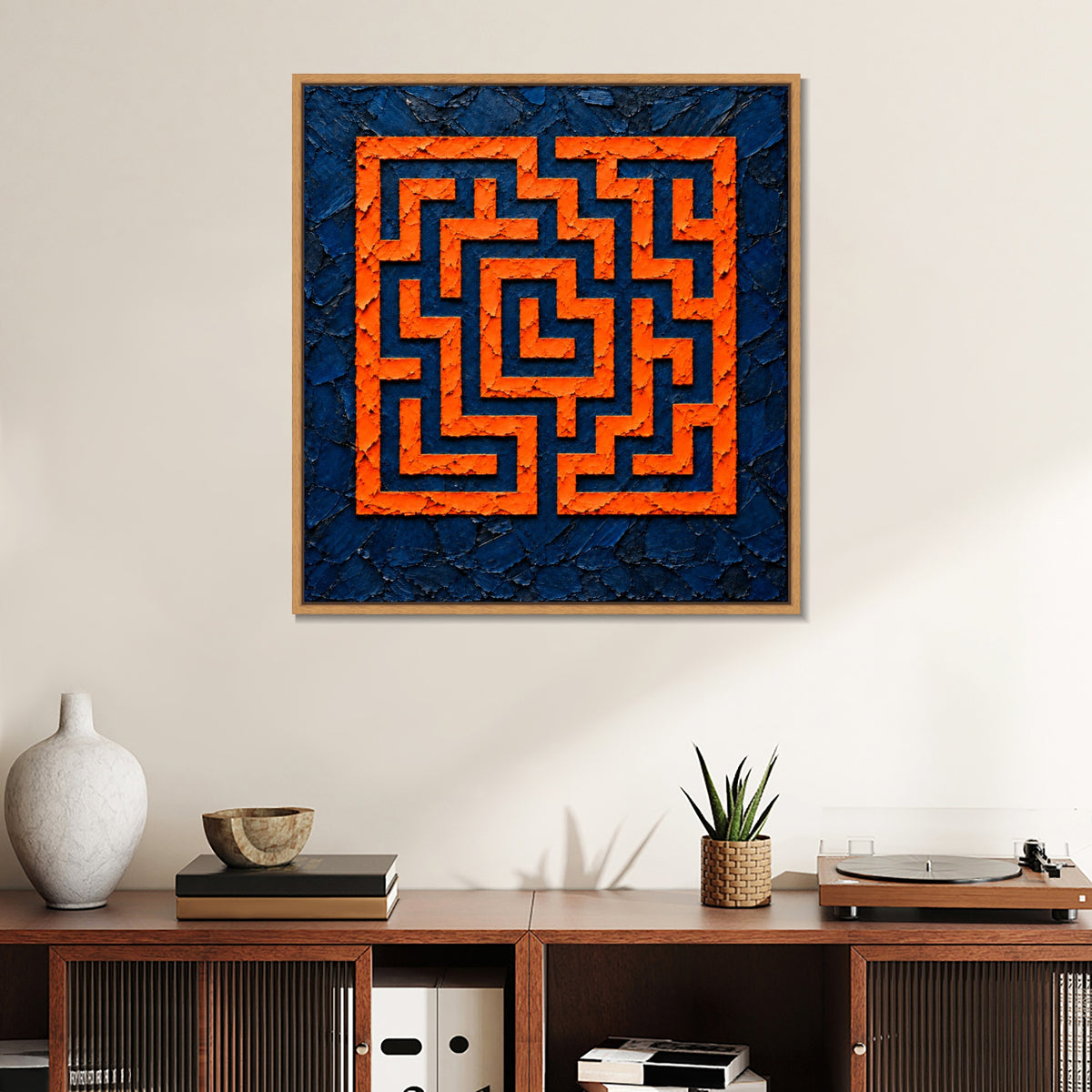 INVIN ART Framed Canvas 100% Handpainted Oil Painting Orange Square Maze Wall Art