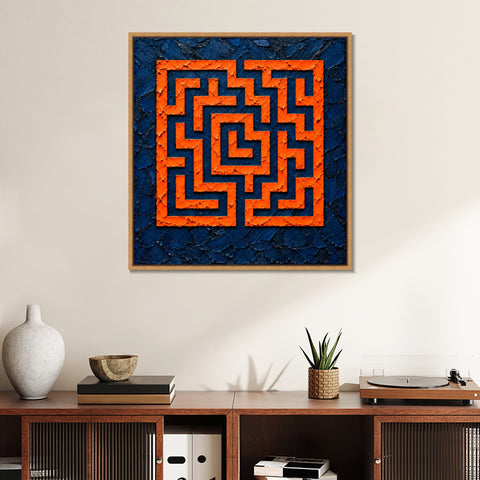 INVIN ART Framed Canvas 100% Handpainted Oil Painting Orange Square Maze Wall Art