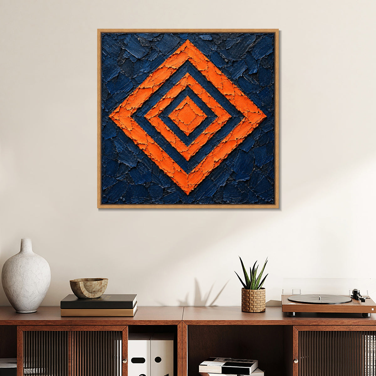 INVIN ART Framed Canvas 100% Handpainted Oil Painting Orange Concentric Diamonds Wall Art