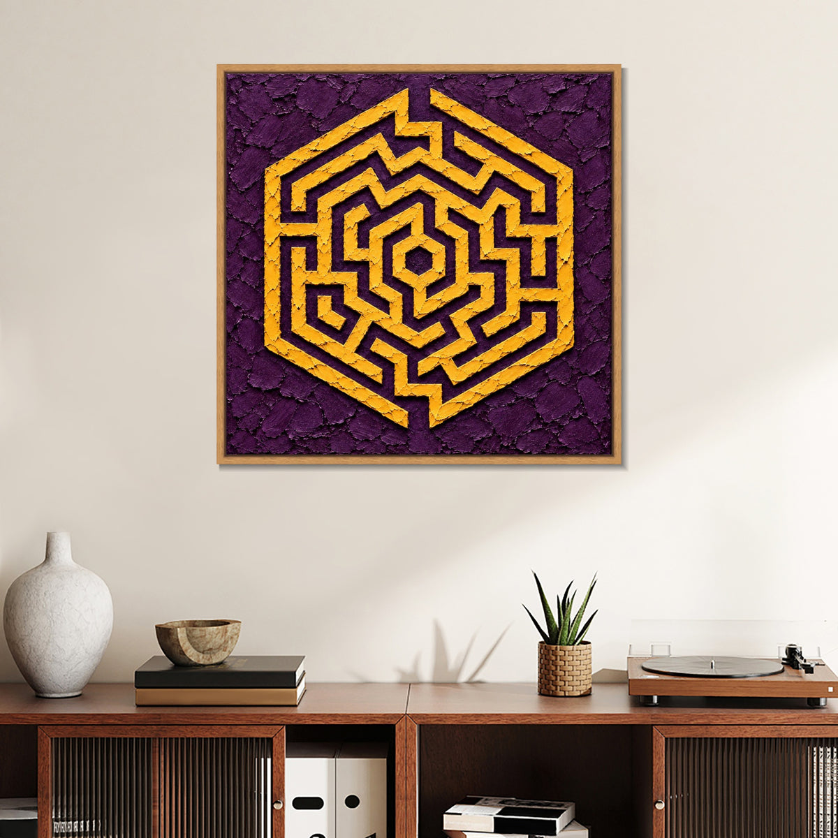 INVIN ART Framed Canvas 100% Handpainted Oil Painting Golden Hexagon Maze Wall Art