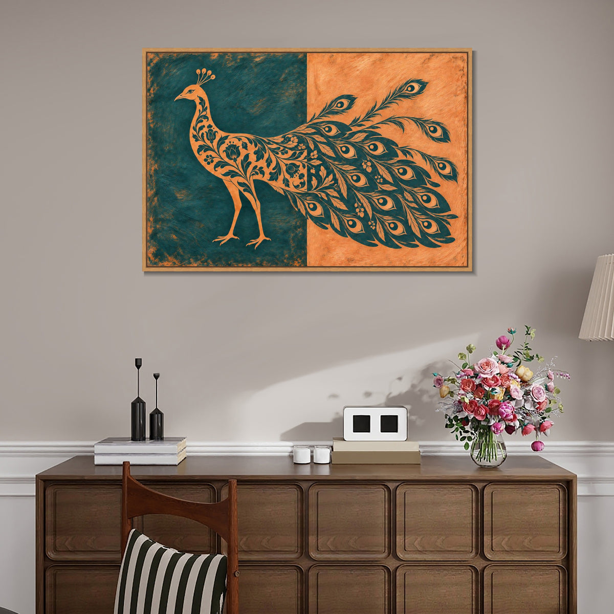 INVIN ART Framed Canvas 100% Handpainted Oil Painting Teal and Peach Peacock Wall Art
