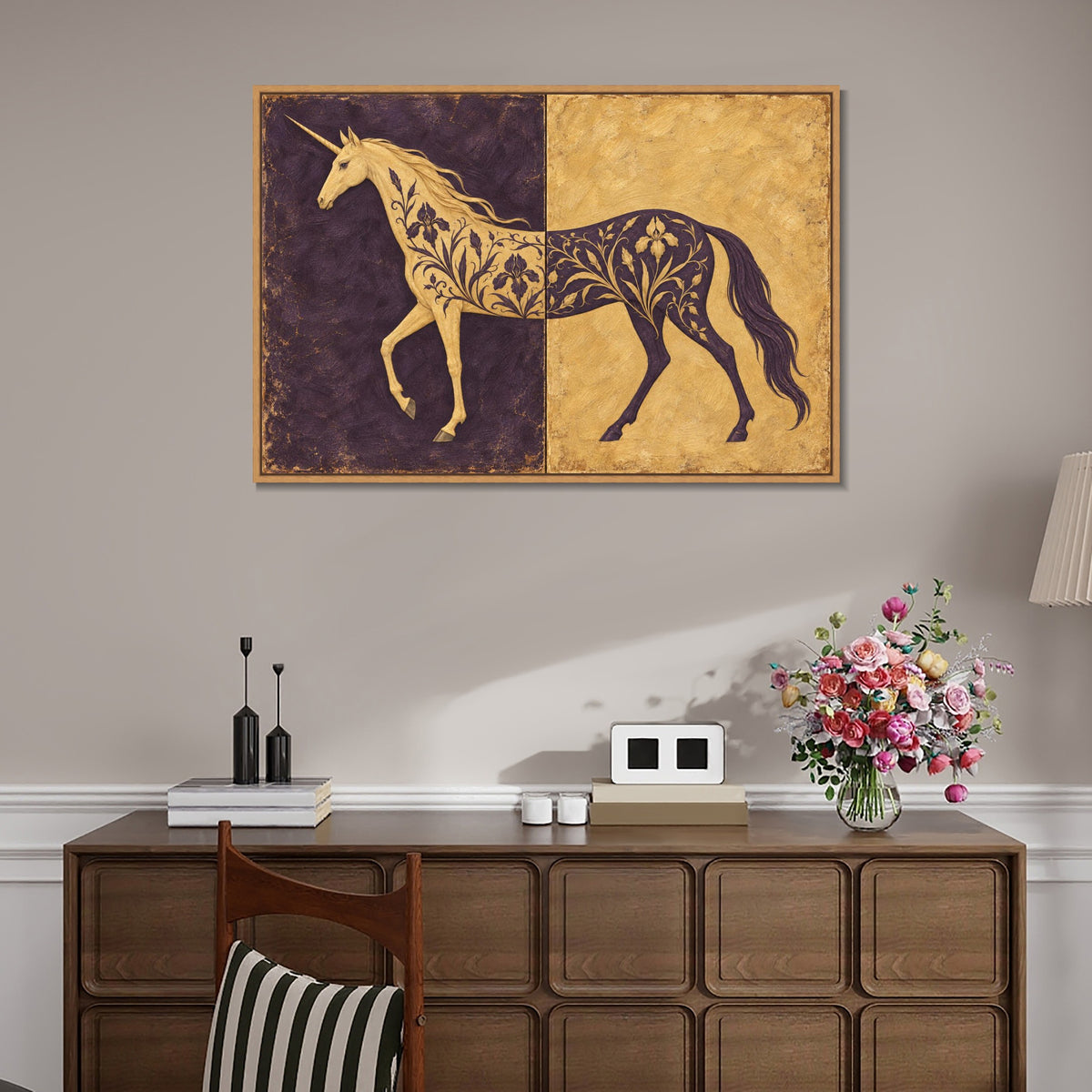 INVIN ART Framed Canvas 100% Handpainted Oil Painting Unicorn in Plum and Gold Wall Art