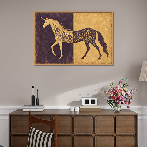 INVIN ART Framed Canvas 100% Handpainted Oil Painting Unicorn in Plum and Gold Wall Art