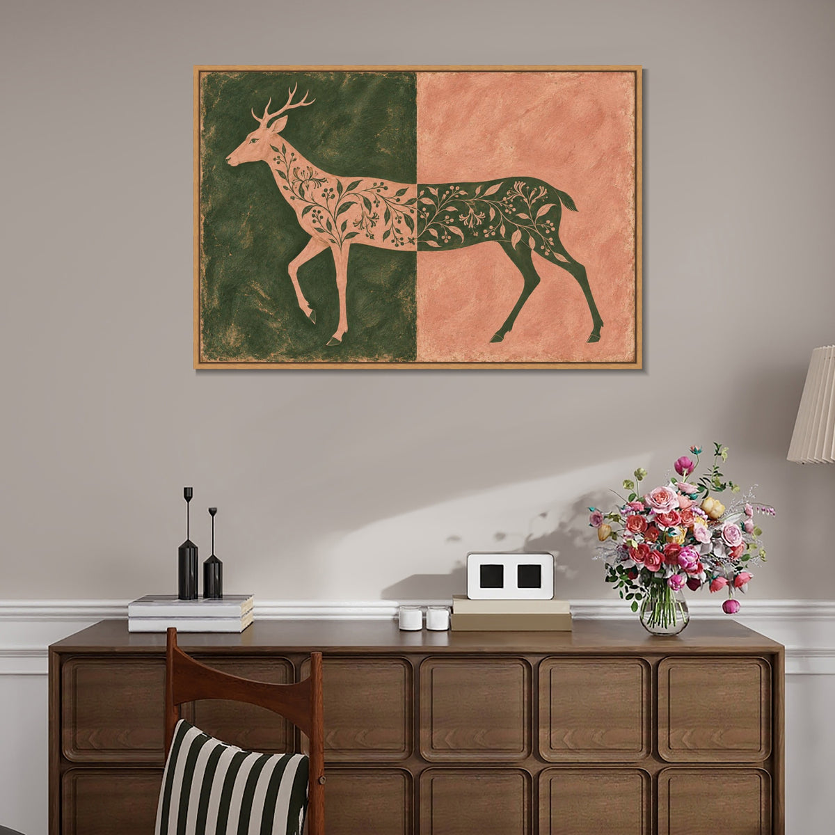 INVIN ART Framed Canvas 100% Handpainted Oil Painting Deer in Moss and Coral Wall Art