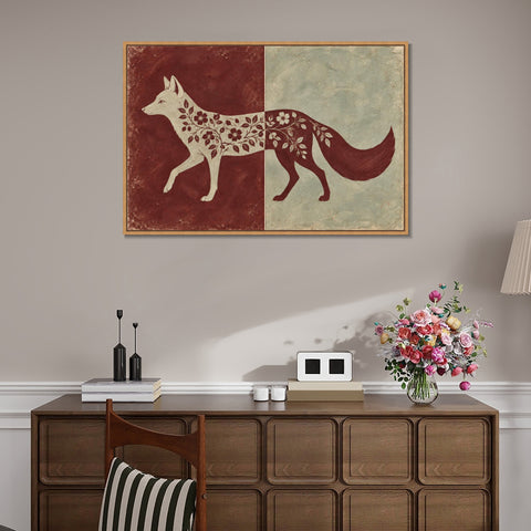 INVIN ART Framed Canvas 100% Handpainted Oil Painting Fox in Burgundy and Celadon Wall Art