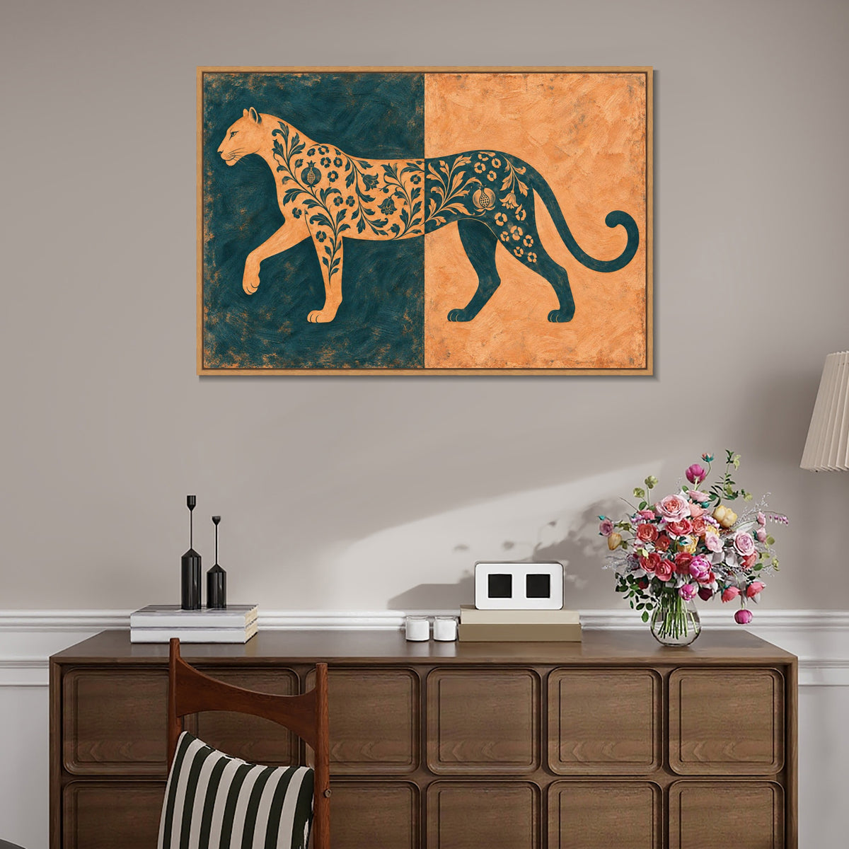 INVIN ART Framed Canvas 100% Handpainted Oil Painting Leopard in Teal and Peach Wall Art