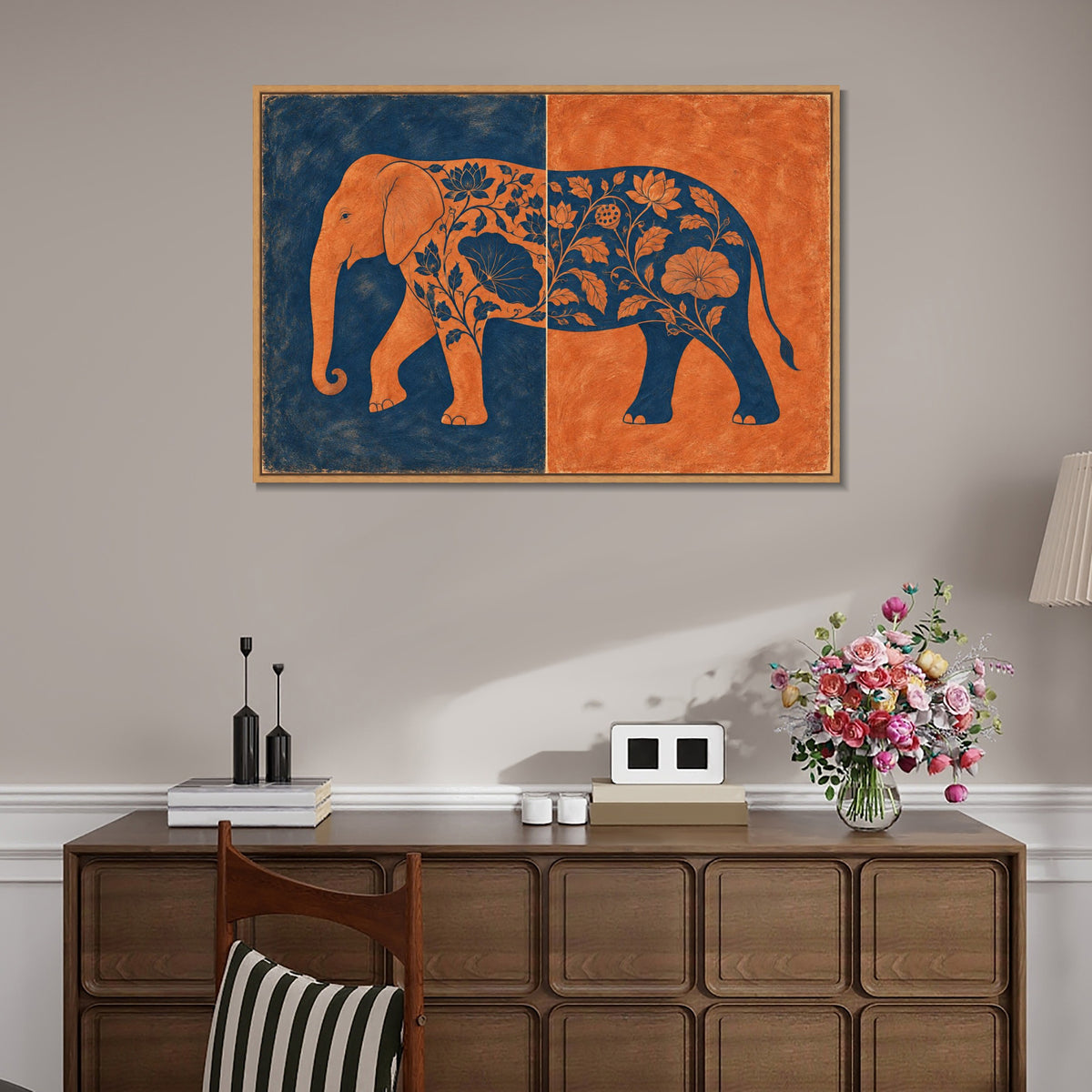 INVIN ART Framed Canvas 100% Handpainted Oil Painting Elephant in Indigo and Coral Wall Art