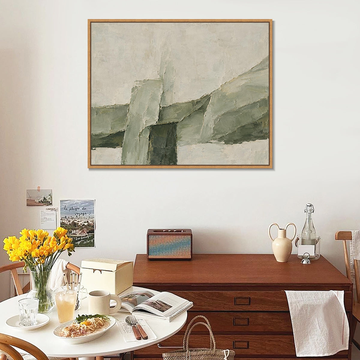 INVIN ART Framed Canvas 100% Handpainted Oil Painting Green Stone Intersections Wall Art