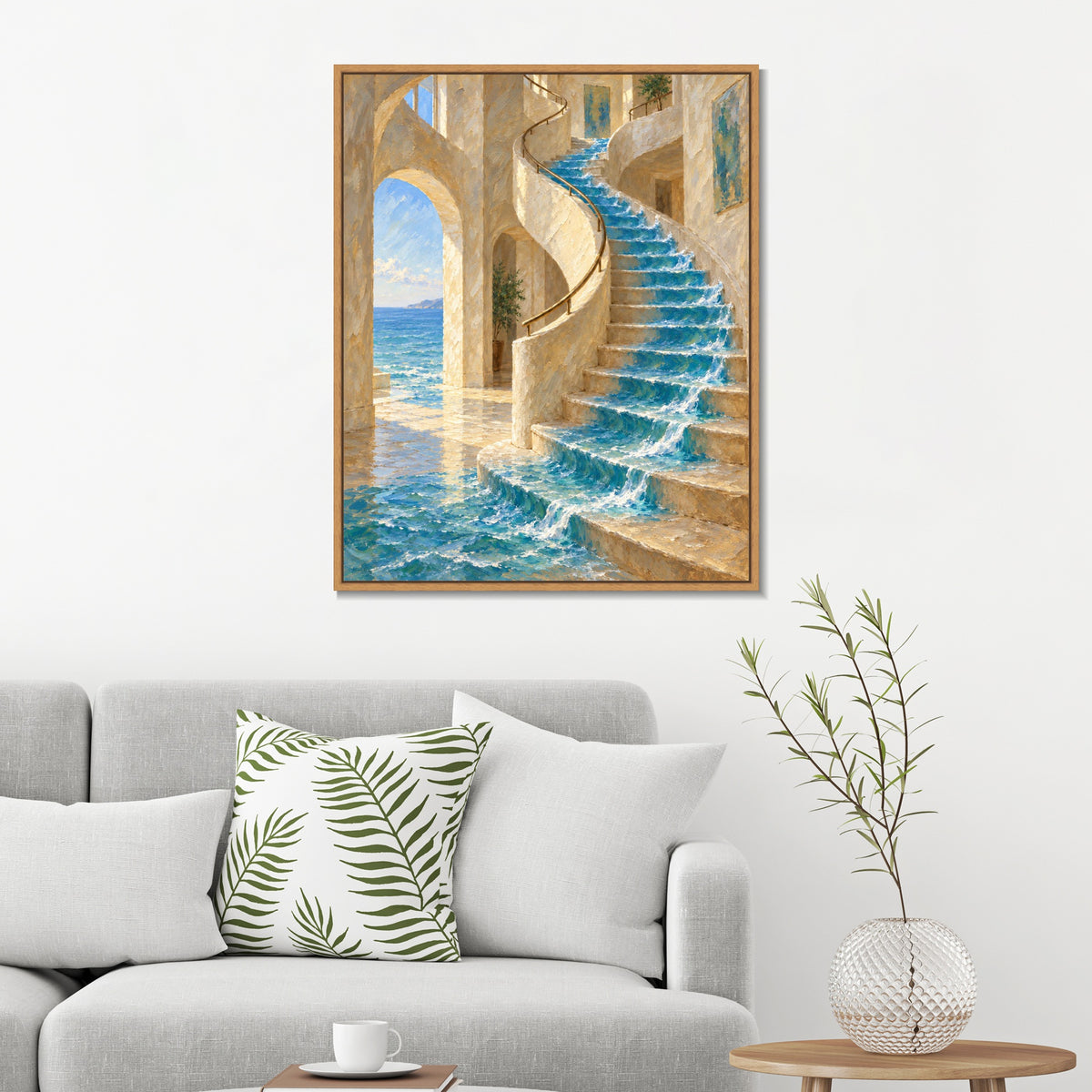INVIN ART Framed Canvas 100% Handpainted Oil Painting The Sea on the Staircase Wall Art