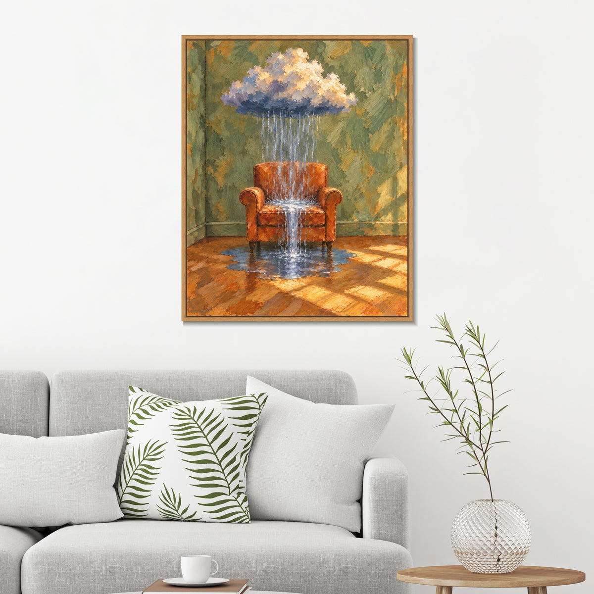 INVIN ART Framed Canvas 100% Handpainted Oil Painting Armchair Beneath a Rain Cloud Wall Art