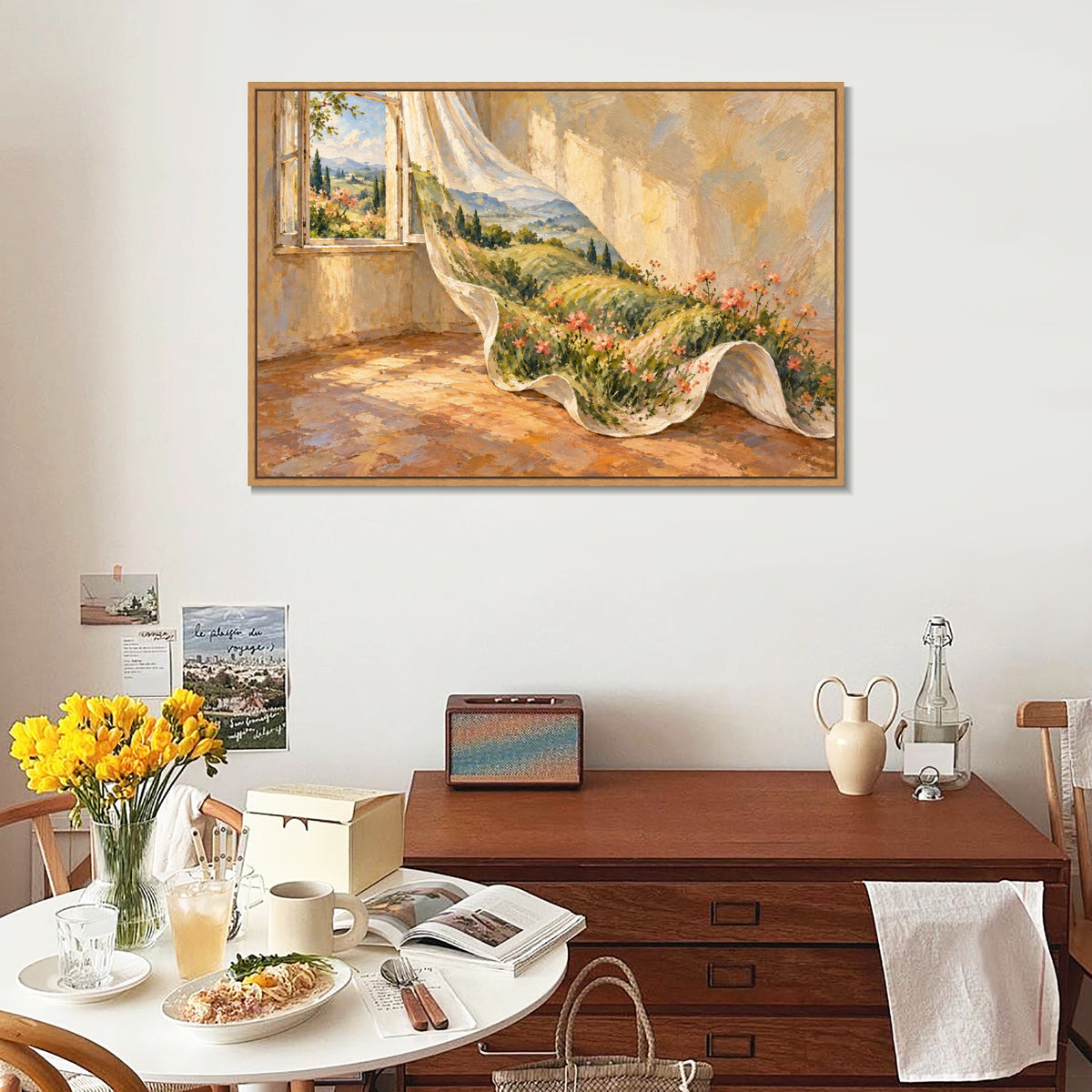 INVIN ART Framed Canvas 100% Handpainted Oil Painting A Meadow in the Curtain Wall Art