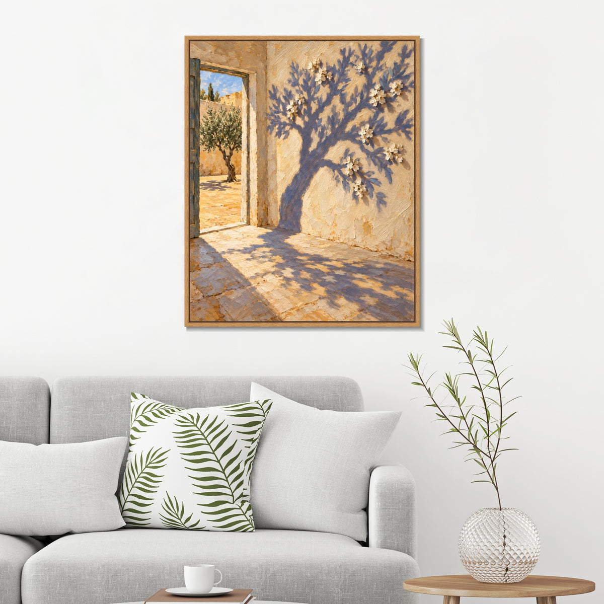 INVIN ART Framed Canvas 100% Handpainted Oil Painting A Flowering Shadow by the Door Wall Art