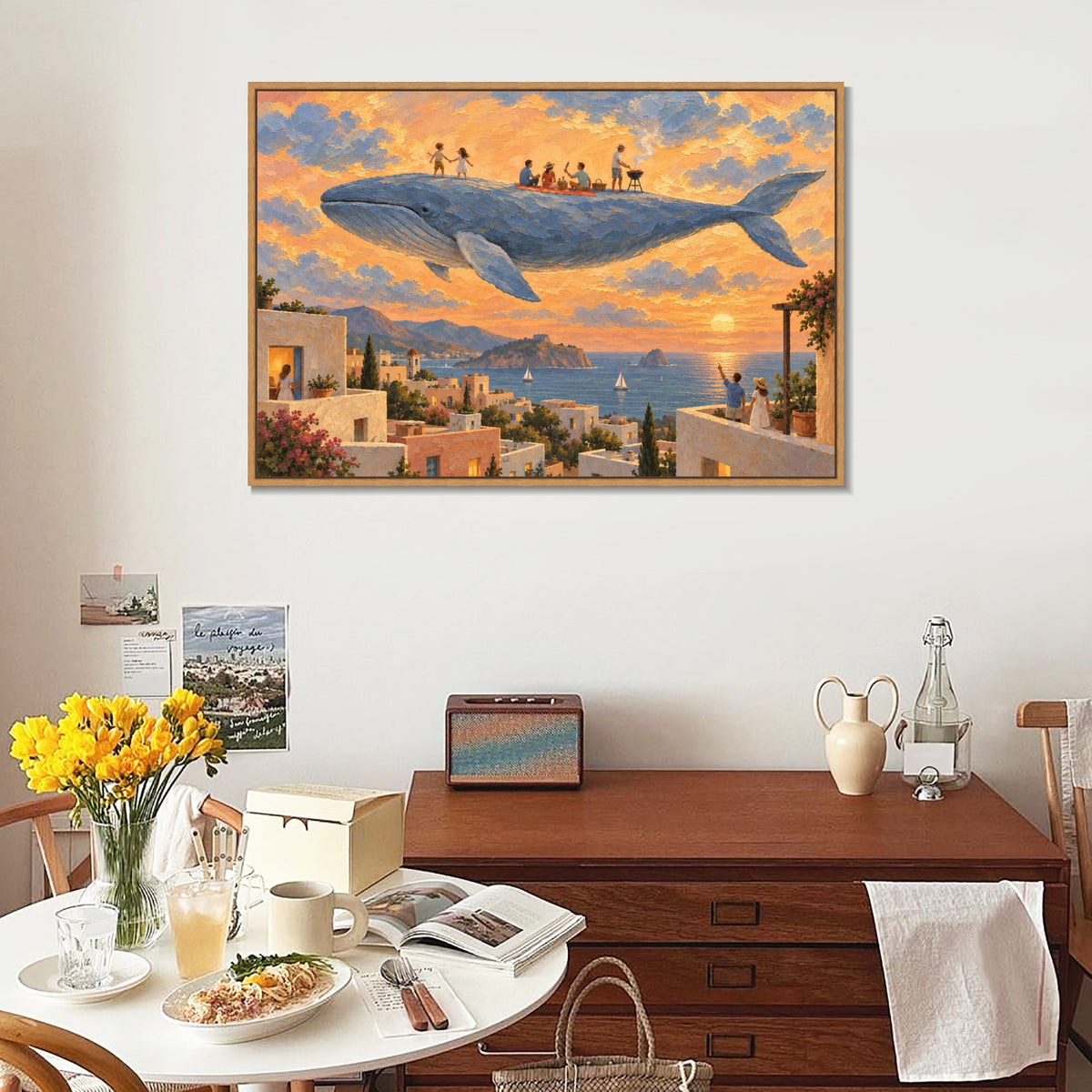 INVIN ART Framed Canvas 100% Handpainted Oil Painting Gathering on the Flying Whale Wall Art