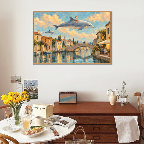 INVIN ART Framed Canvas 100% Handpainted Oil Painting Sky Dolphins Above the Canal Wall Art