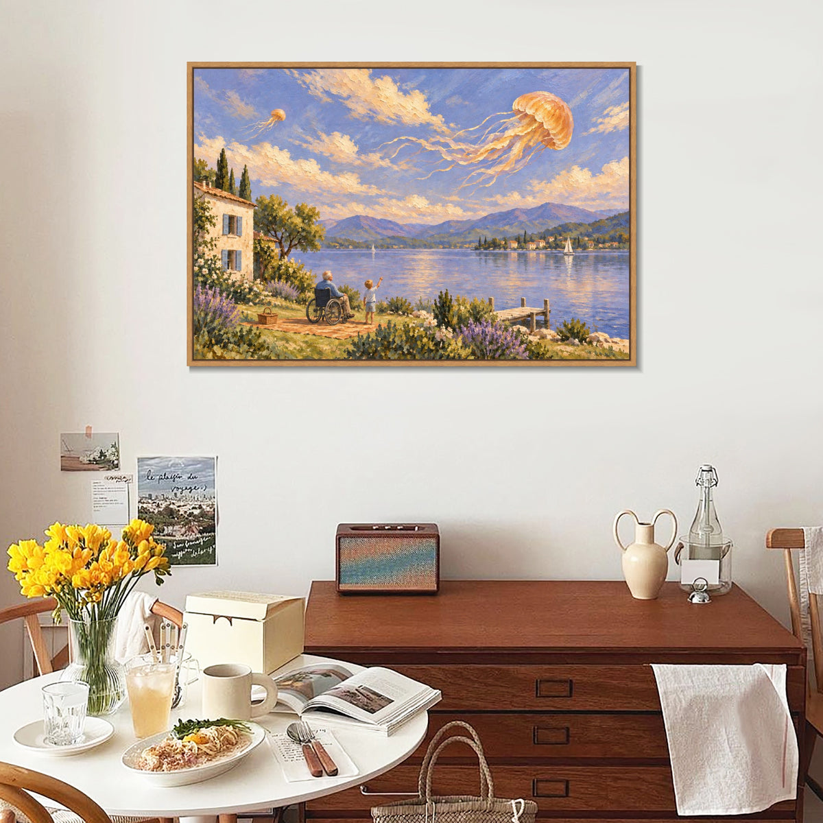 INVIN ART Framed Canvas 100% Handpainted Oil Painting Jellyfish Above the Lakeside Wall Art