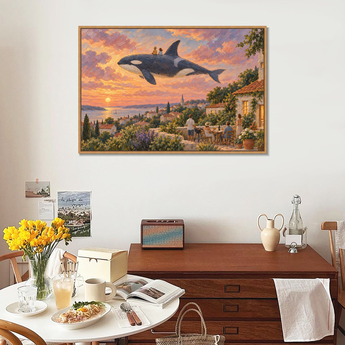 INVIN ART Framed Canvas 100% Handpainted Oil Painting Orca Above the Village Supper Wall Art
