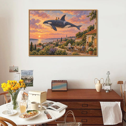 INVIN ART Framed Canvas 100% Handpainted Oil Painting Orca Above the Village Supper Wall Art