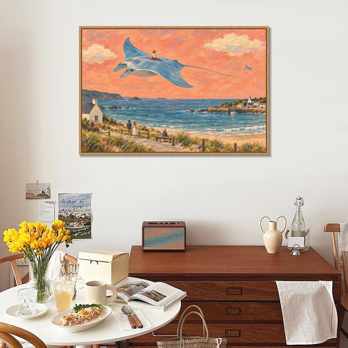 INVIN ART Framed Canvas 100% Handpainted Oil Painting Manta Ray Above the Bay Wall Art