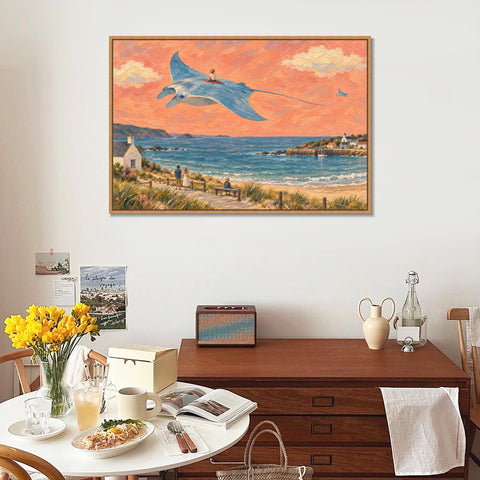 INVIN ART Framed Canvas 100% Handpainted Oil Painting Manta Ray Above the Bay Wall Art