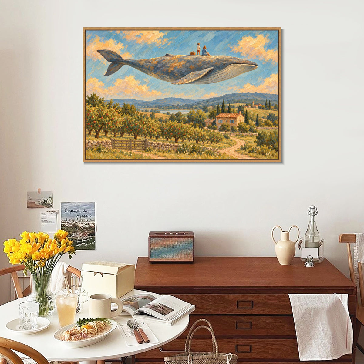 INVIN ART Framed Canvas 100% Handpainted Oil Painting Whale Above the Orchard Picnic Wall Art