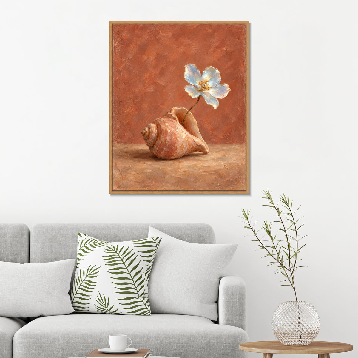 INVIN ART Framed Canvas 100% Handpainted Oil Painting A White Flower in a Shell Wall Art
