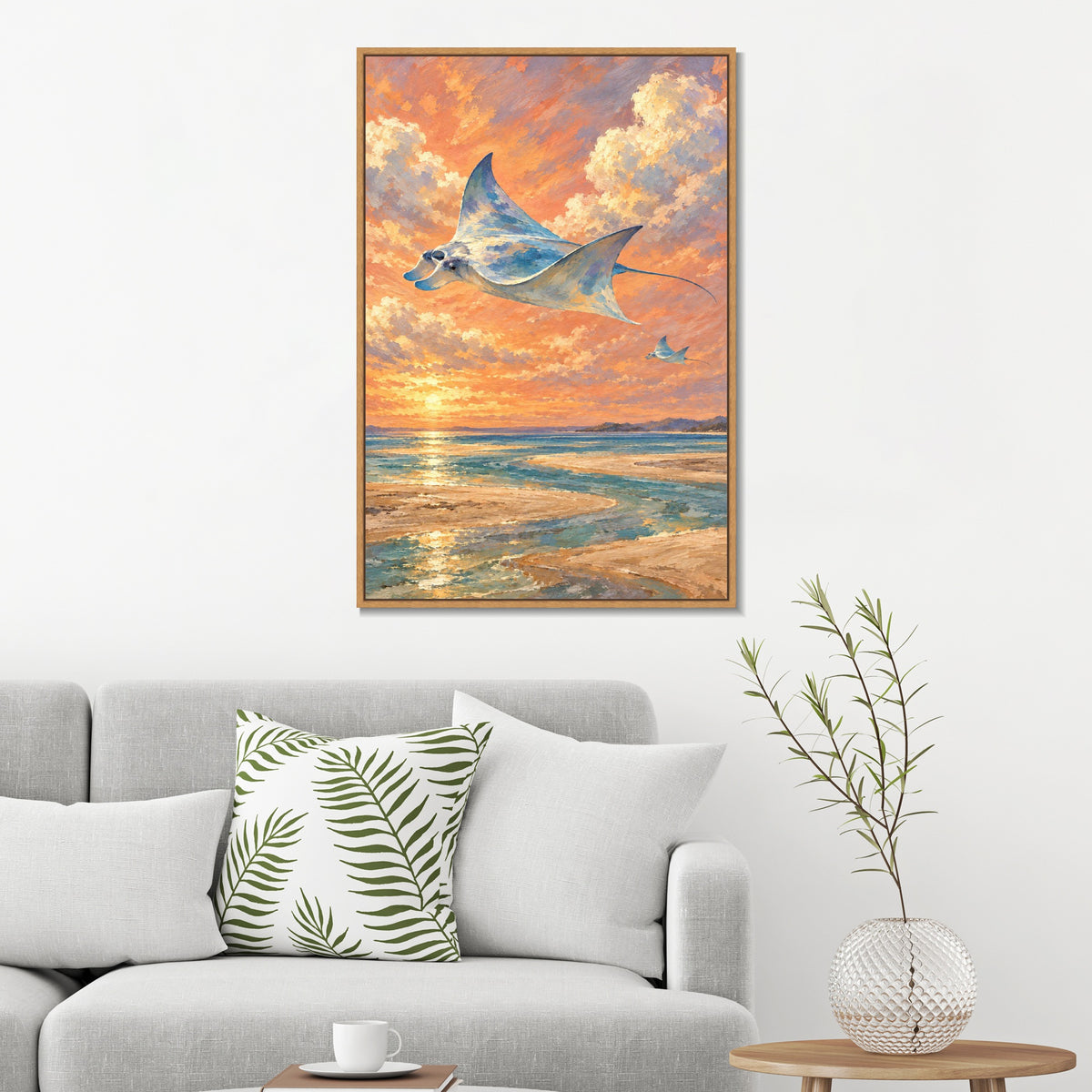 INVIN ART Framed Canvas 100% Handpainted Oil Painting Manta Rays in the Sunset Sky Wall Art