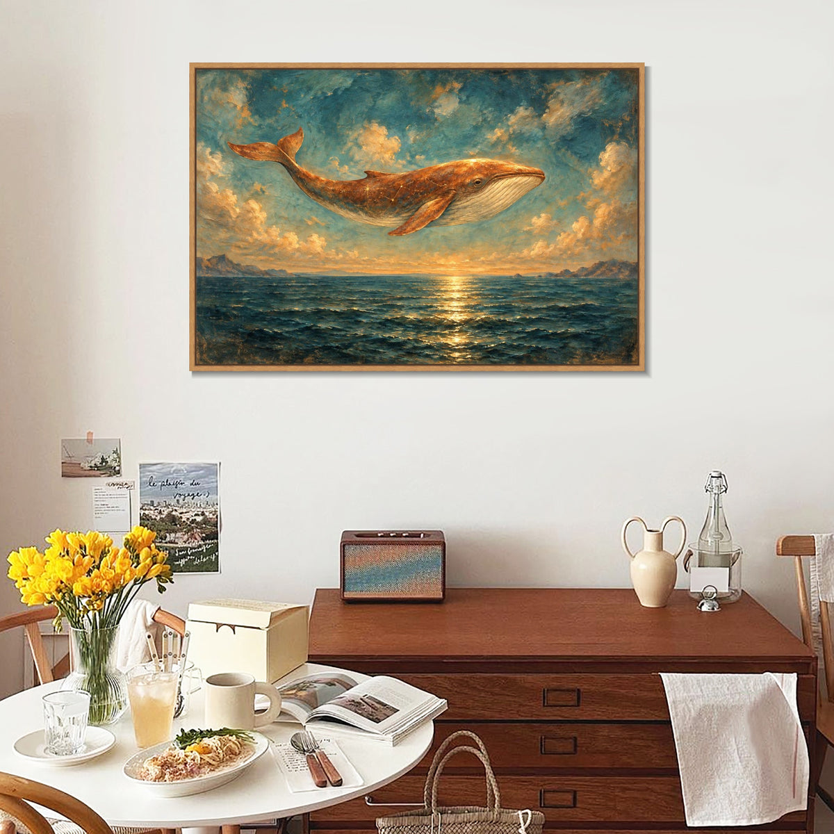 INVIN ART Framed Canvas 100% Handpainted Oil Painting Copper Whale Above the Sea Wall Art