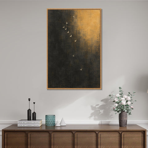 INVIN ART Framed Canvas 100% Handpainted Oil Painting Birds in Amber Night Wall Art