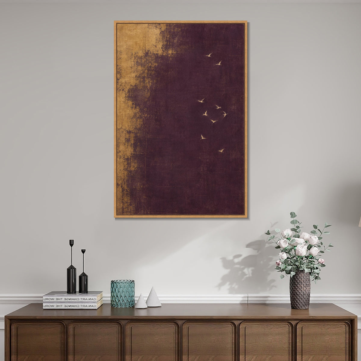 INVIN ART Framed Canvas 100% Handpainted Oil Painting Pale Wings in Plum and Gold Wall Art