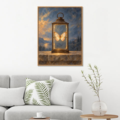 INVIN ART Framed Canvas 100% Handpainted Oil Painting Golden Butterfly in the Lantern Wall Art
