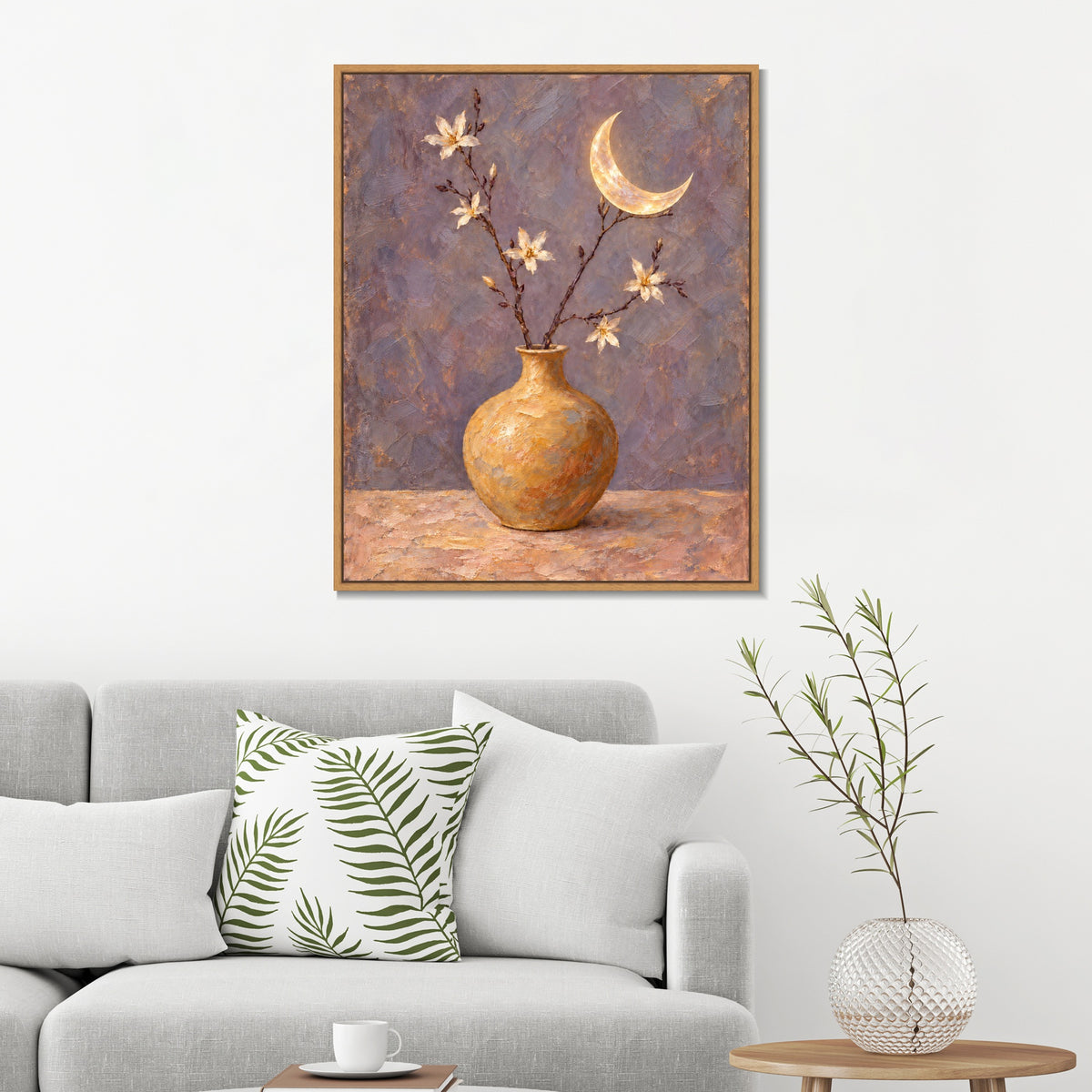 INVIN ART Framed Canvas 100% Handpainted Oil Painting Golden Moon and Flower Vase Wall Art