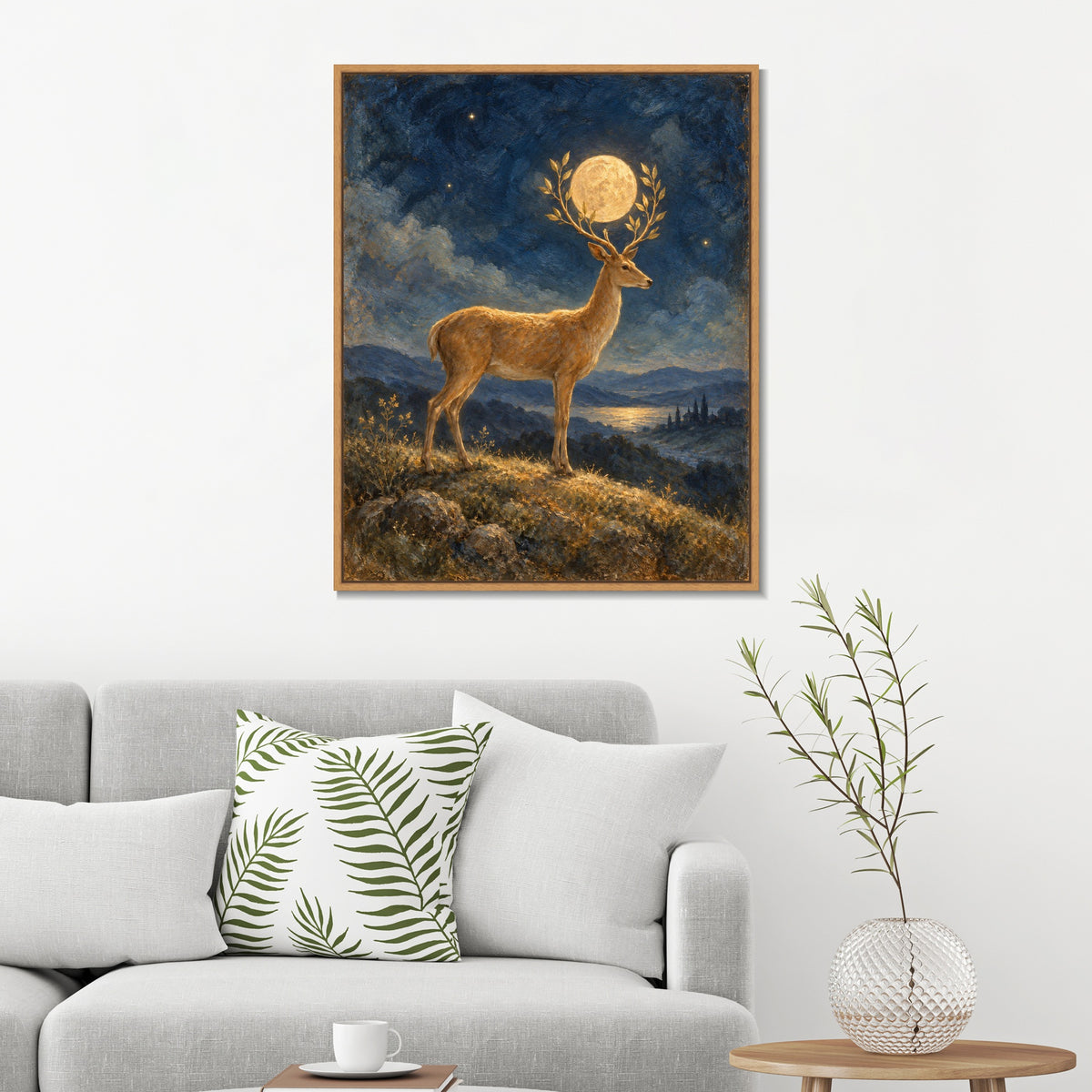 INVIN ART Framed Canvas 100% Handpainted Oil Painting Golden Deer Holding the Moon Wall Art