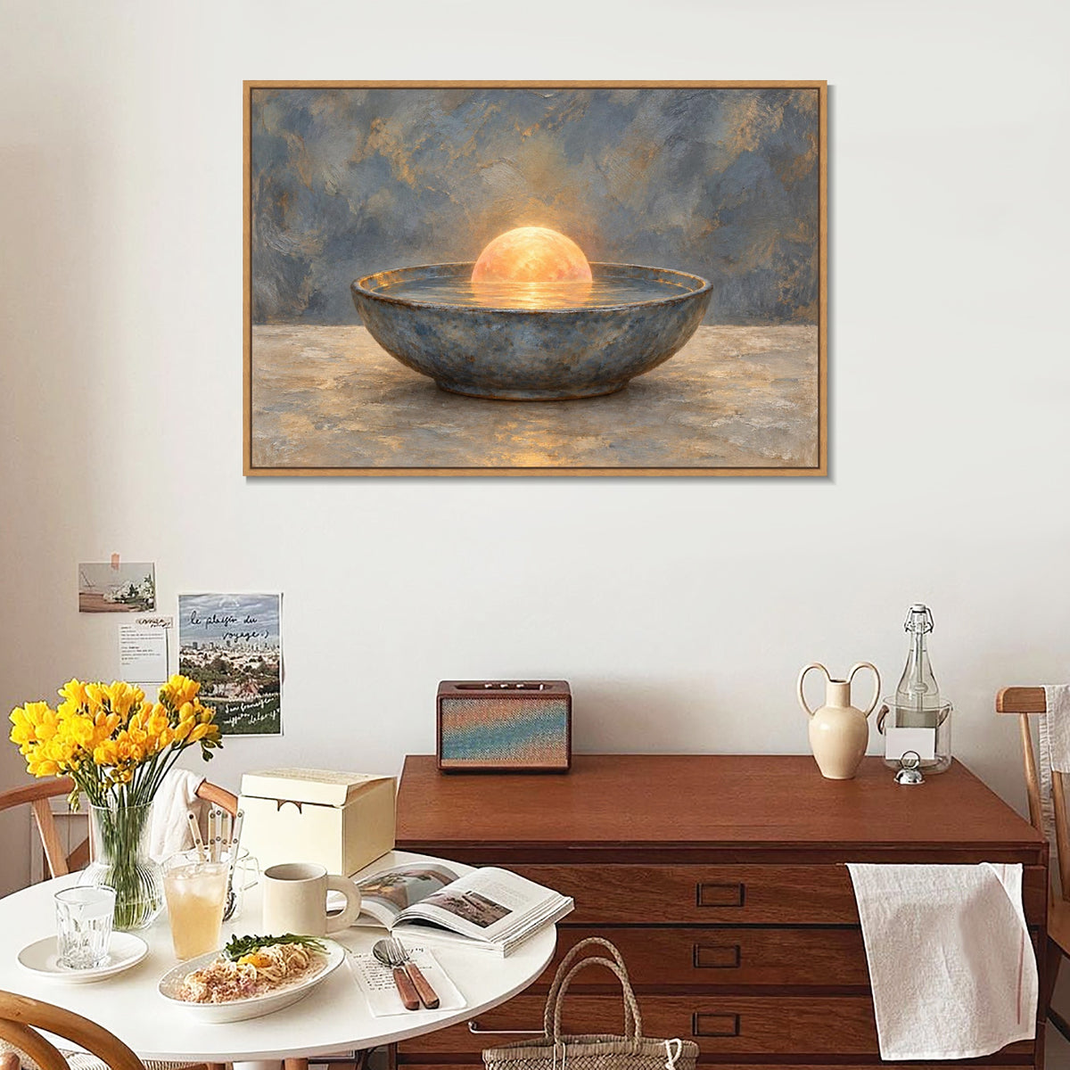 INVIN ART Framed Canvas 100% Handpainted Oil Painting Sunrise Within the Bowl Wall Art