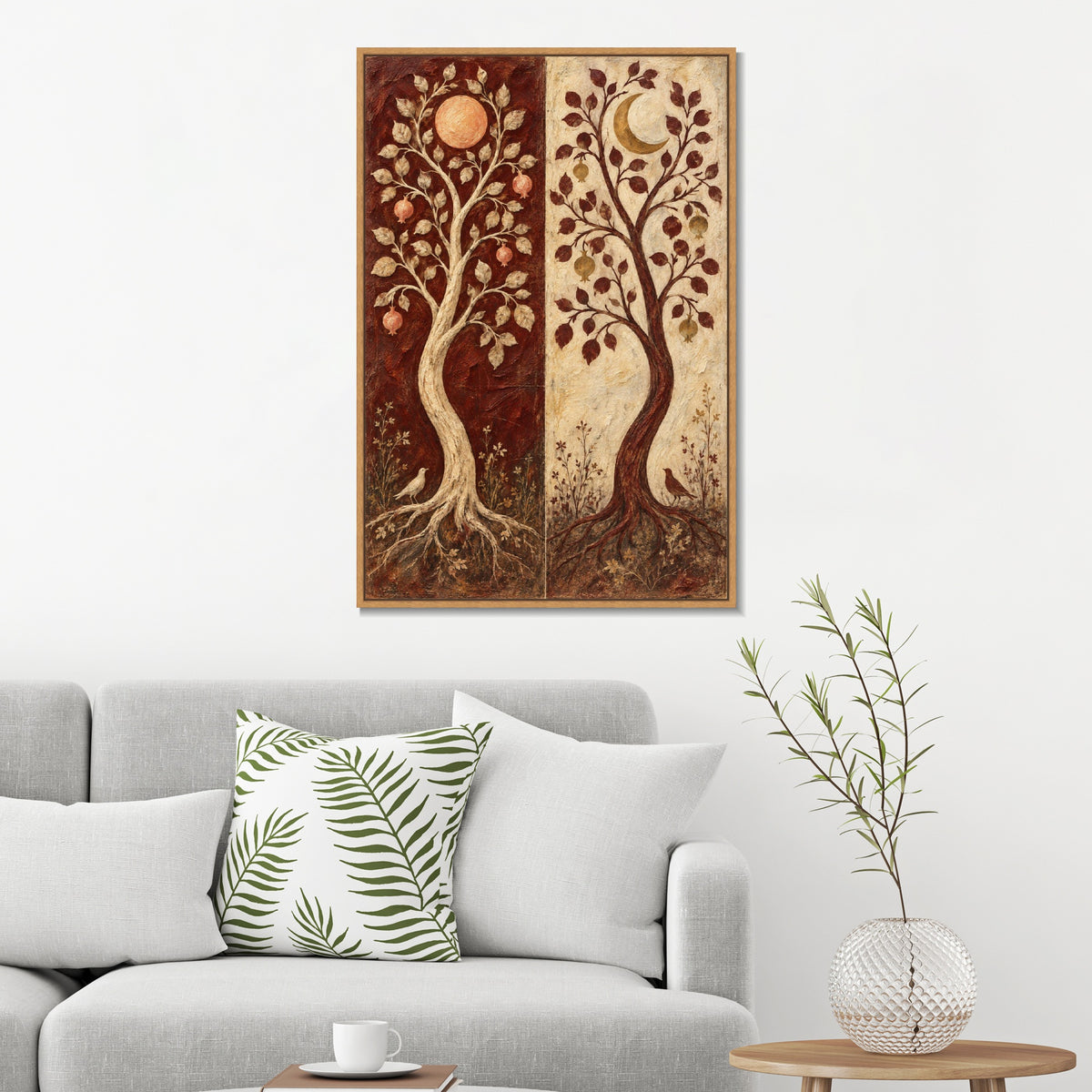 INVIN ART Framed Canvas 100% Handpainted Oil Painting Twin Trees in Burgundy and Ivory Wall Art