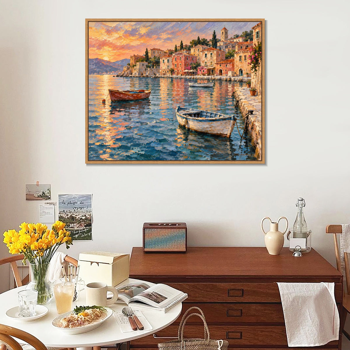INVIN ART Framed Canvas 100% Handpainted Oil Painting Boats in the Evening Harbor Wall Art