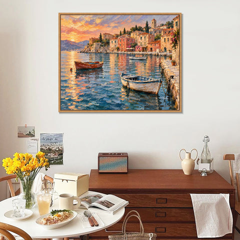 INVIN ART Framed Canvas 100% Handpainted Oil Painting Boats in the Evening Harbor Wall Art