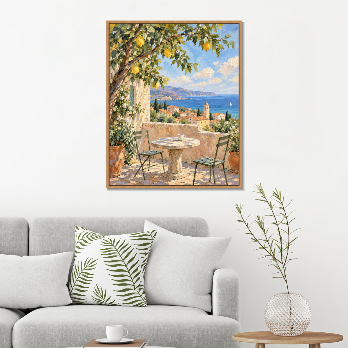 INVIN ART Framed Canvas 100% Handpainted Oil Painting Sea View Beneath the Lemon Tree Wall Art