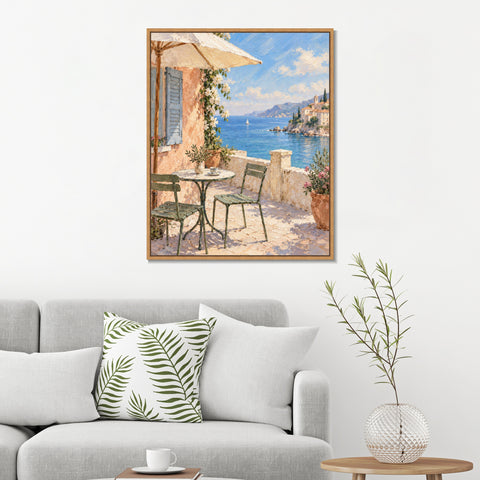 INVIN ART Framed Canvas 100% Handpainted Oil Painting Afternoon on the Coastal Terrace Wall Art