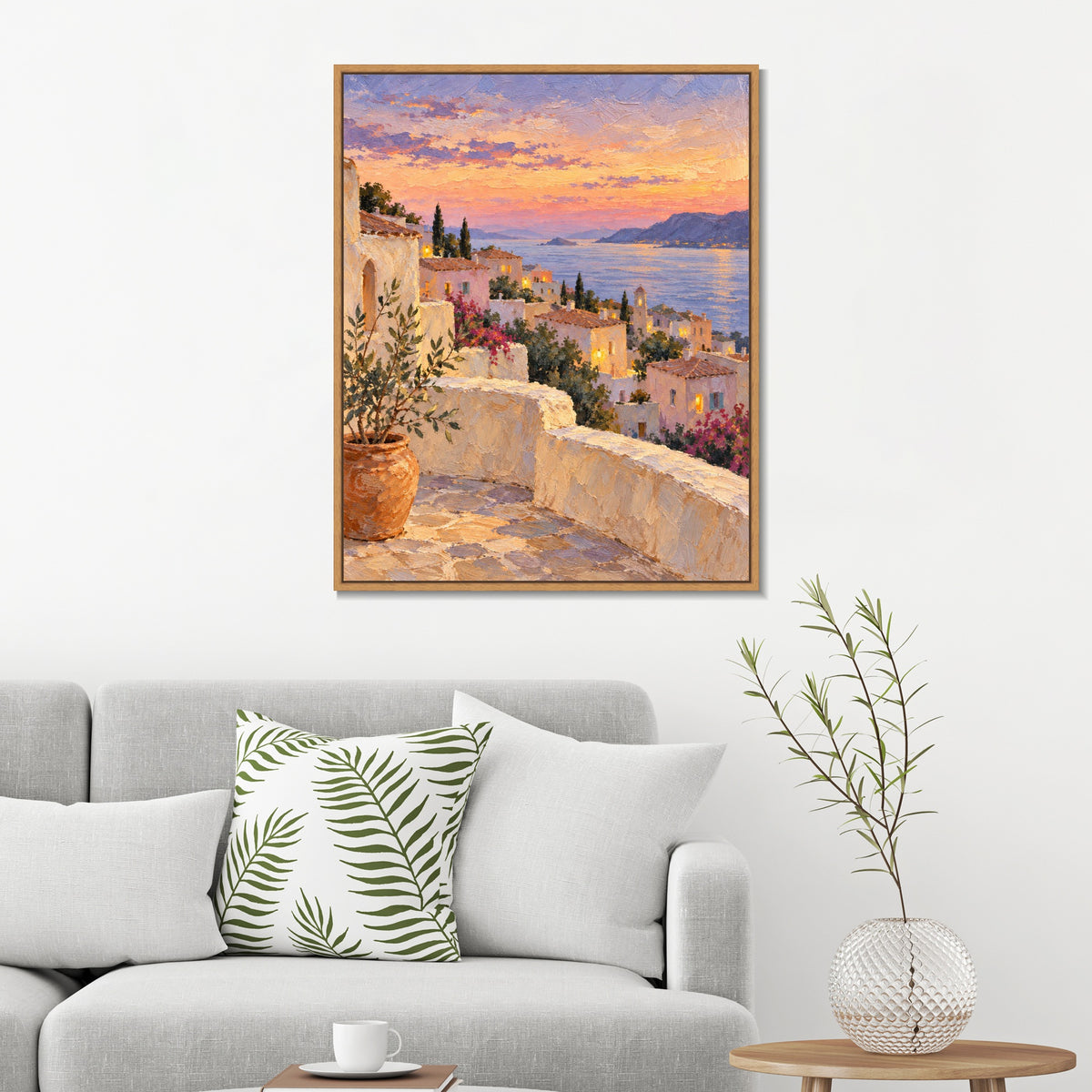 INVIN ART Framed Canvas 100% Handpainted Oil Painting Terraced Town at Sunset Wall Art