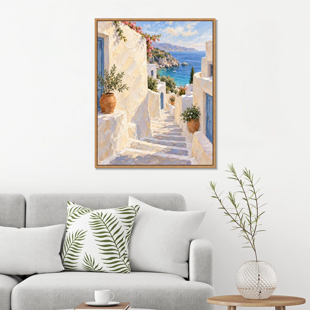 INVIN ART Framed Canvas 100% Handpainted Oil Painting White Steps to the Blue Sea Wall Art