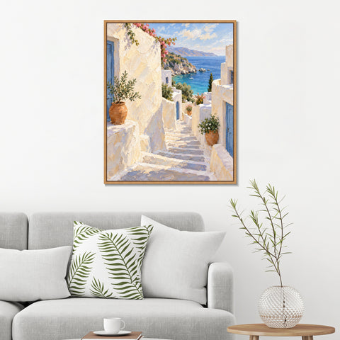 INVIN ART Framed Canvas 100% Handpainted Oil Painting White Steps to the Blue Sea Wall Art