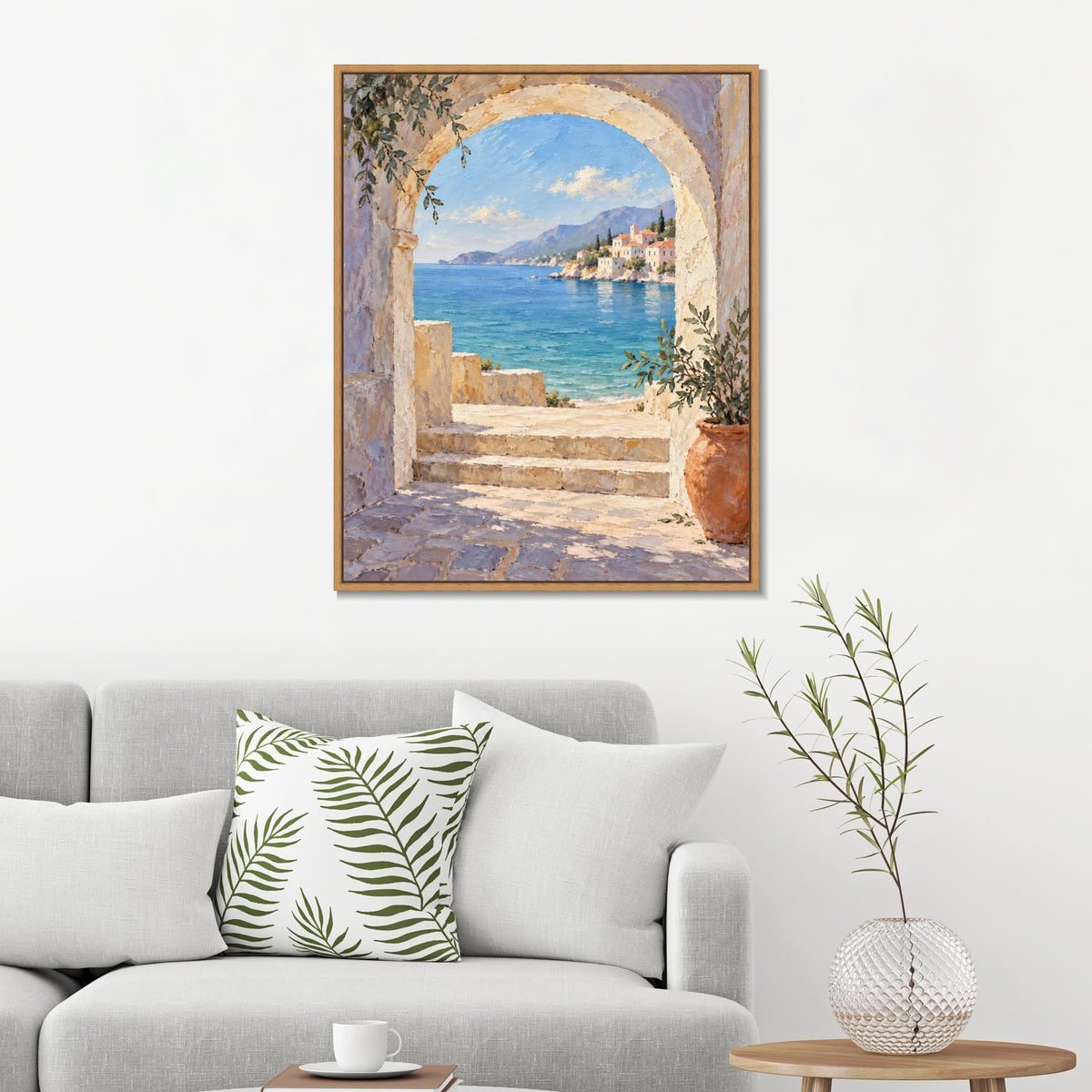 INVIN ART Framed Canvas 100% Handpainted Oil Painting Blue Sea Through the Stone Arch Wall Art
