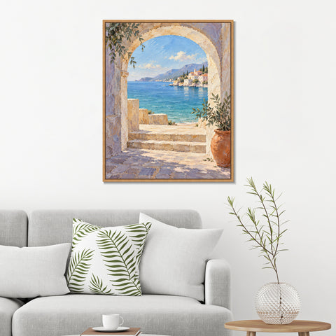 INVIN ART Framed Canvas 100% Handpainted Oil Painting Blue Sea Through the Stone Arch Wall Art