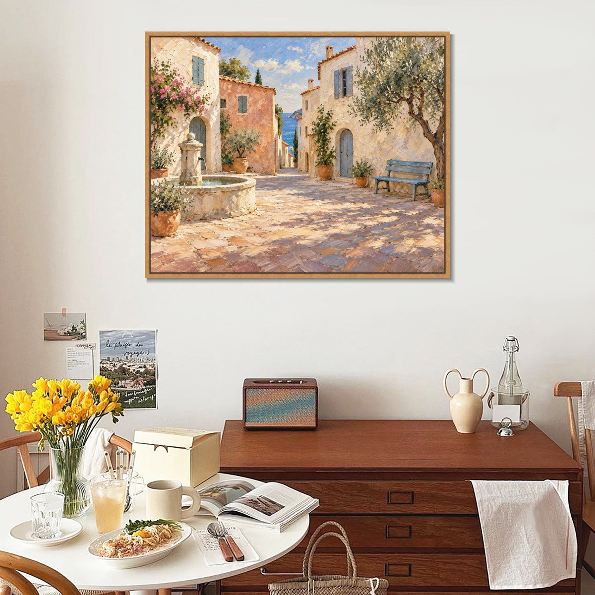 INVIN ART Framed Canvas 100% Handpainted Oil Painting Sunny Lane by the Fountain Wall Art