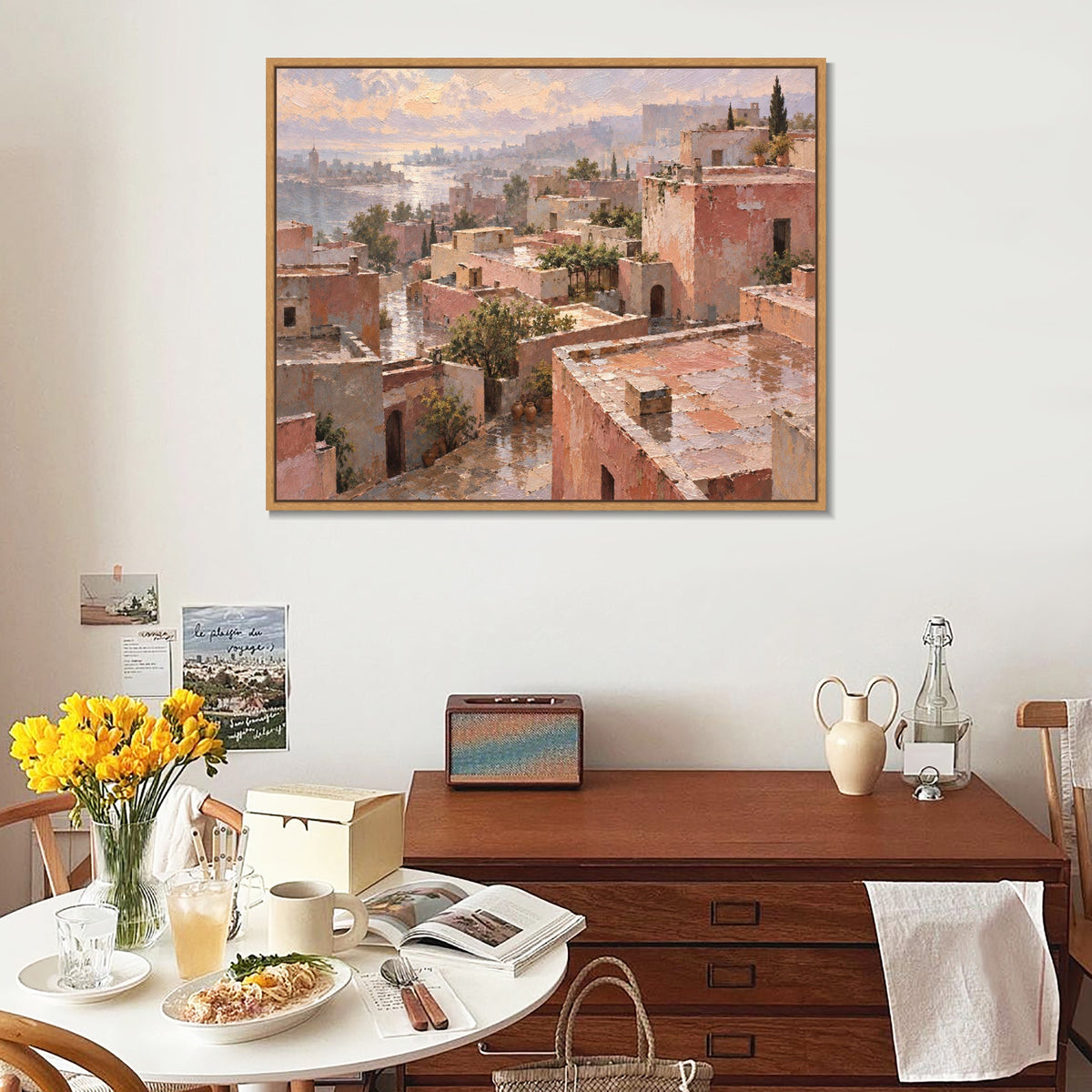 INVIN ART Framed Canvas 100% Handpainted Oil Painting Pink Rooftops Above the Sea Wall Art