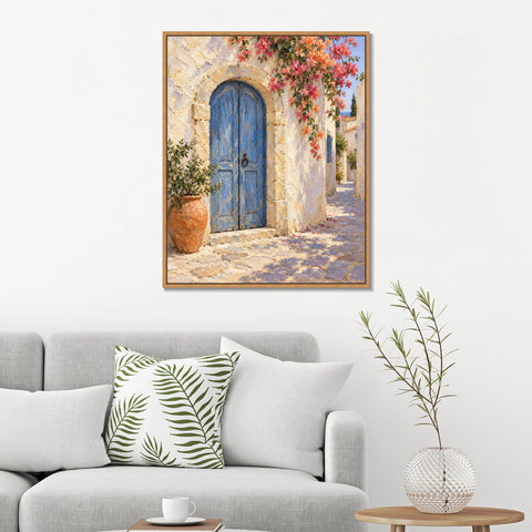 INVIN ART Framed Canvas 100% Handpainted Oil Painting Blue Door Beneath Blossoms Wall Art