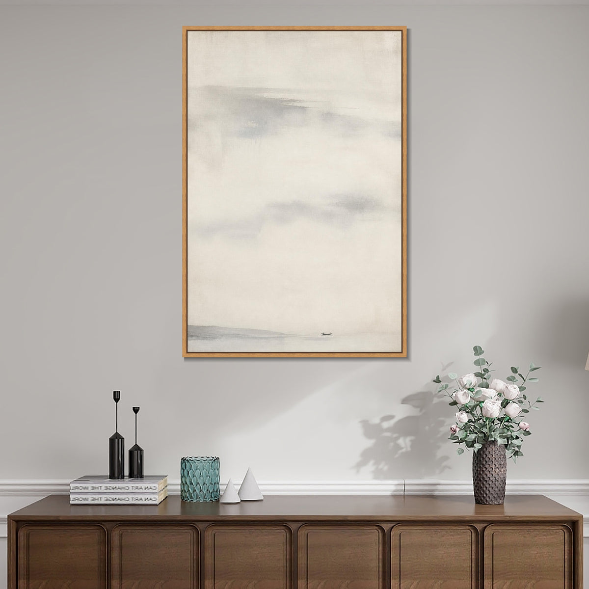 INVIN ART Framed Canvas 100% Handpainted Oil Painting Beyond the Lone Boat Wall Art