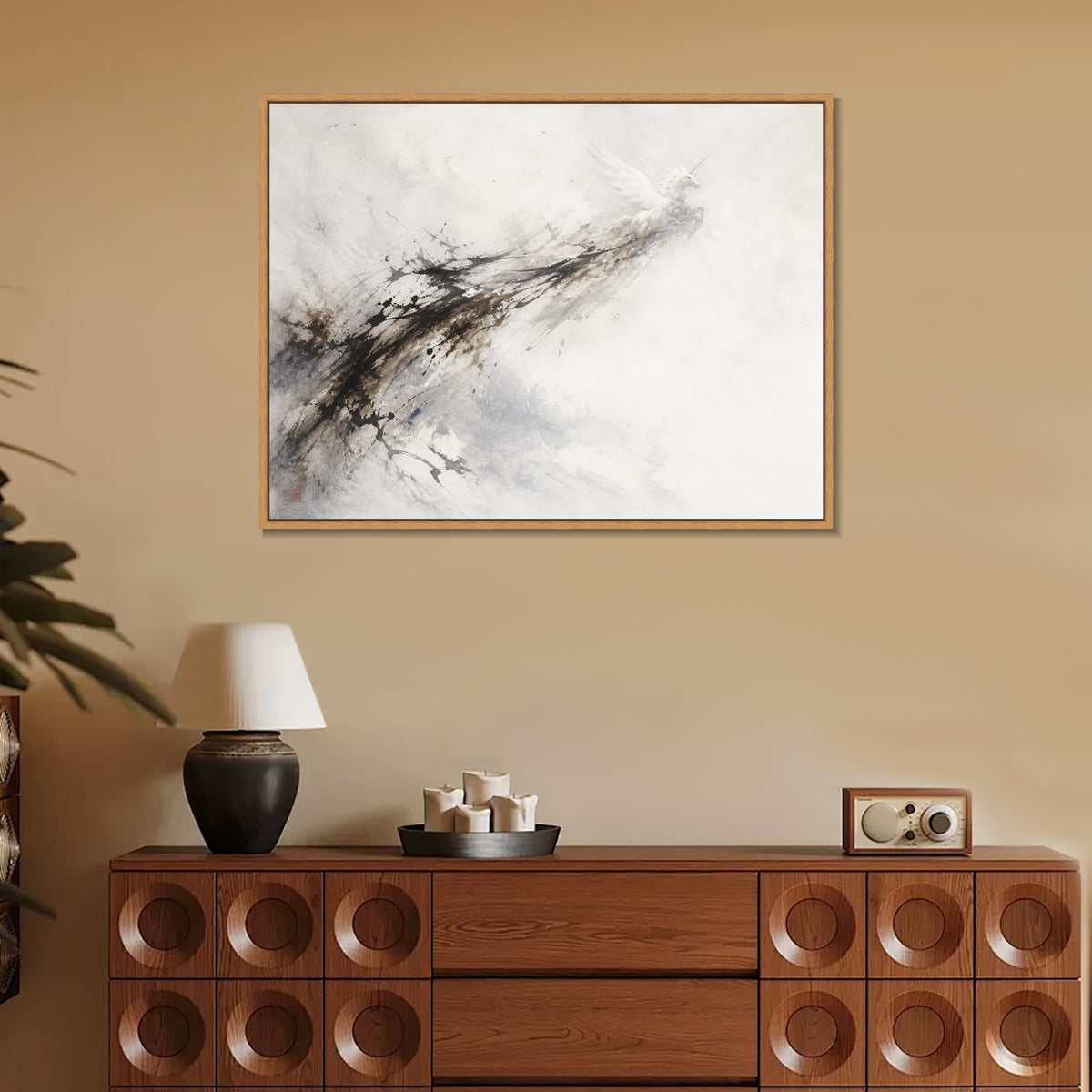 INVIN ART Framed Canvas 100% Handpainted Oil Painting Unicorn in Ink and Mist Wall Art