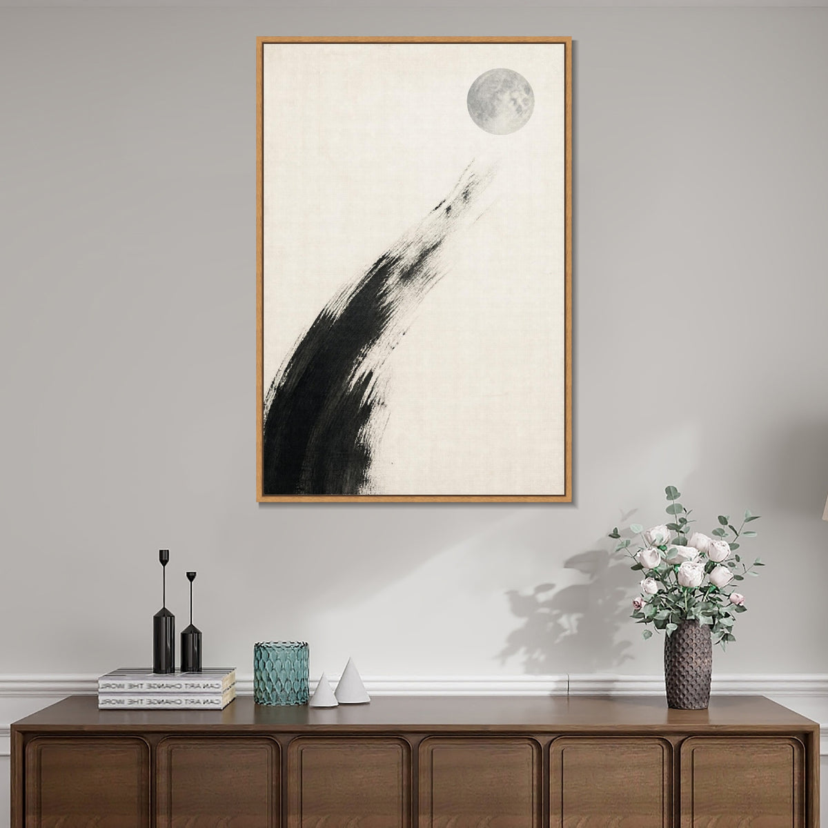INVIN ART Framed Canvas 100% Handpainted Oil Painting Moon Descending into White Wall Art
