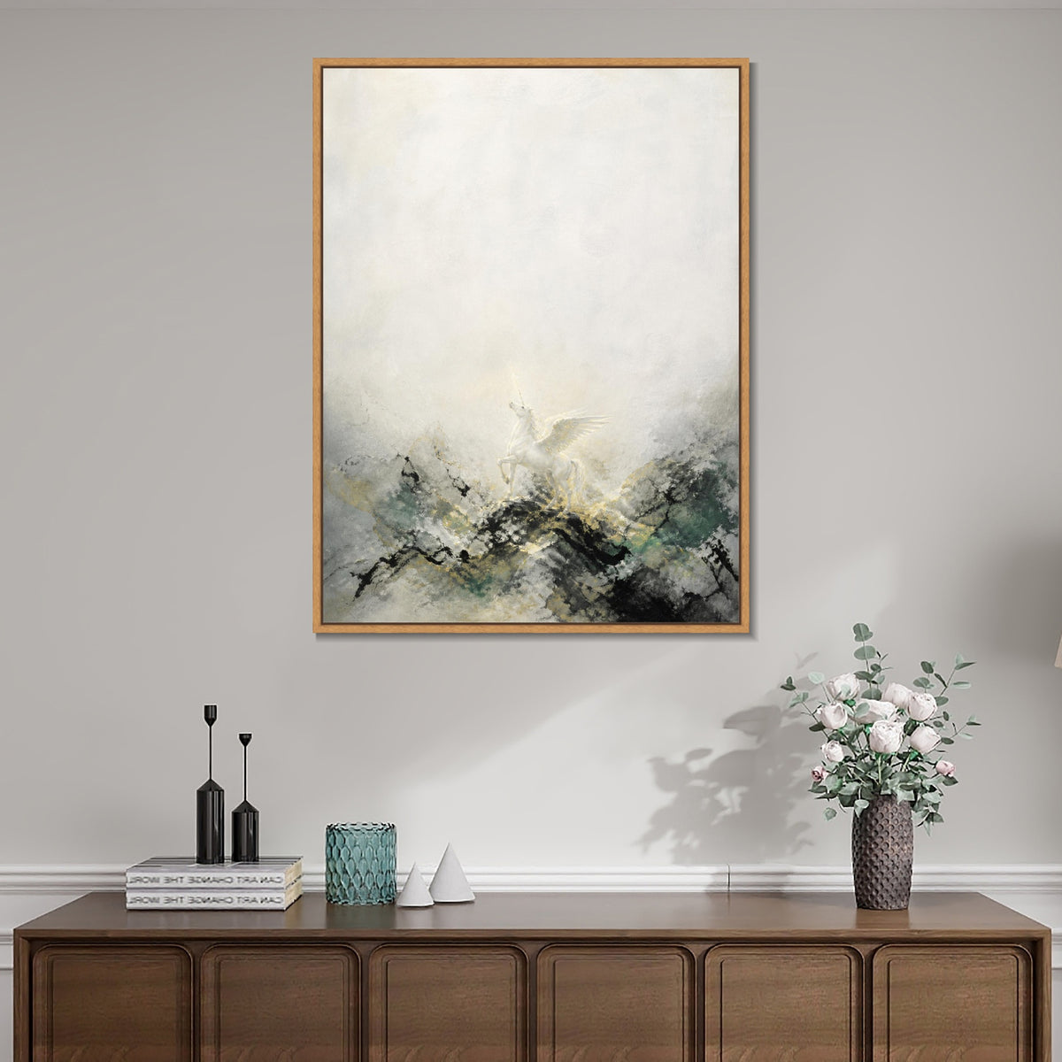 INVIN ART Framed Canvas 100% Handpainted Oil Painting Winged Unicorn Above Misty Hills Wall Art